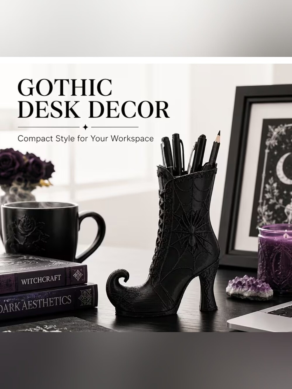 Gothic Black Spiderweb Boot Pen Holder - Home Office Décor